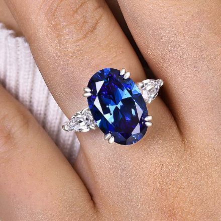 Picture of Gorgeous Oval Cut Blue Sapphire Three Stone Engagement Ring In Sterling Silver