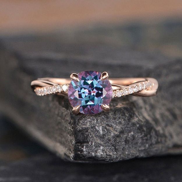Picture of Rose Gold Twist Round Cut Alexandrite Engagement Ring For Her In Sterling Silver