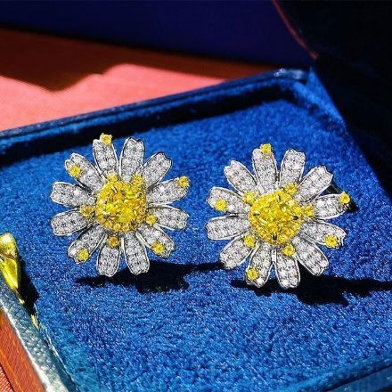 Picture of Unique Sun Flower Design Yellow Stone Cushion Cut Stud Earrings In Sterling Silver