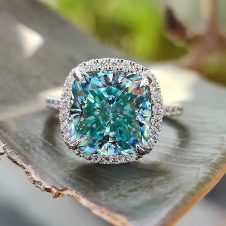 Picture of Exquisite Halo Cushion Cut Cyan Blue Engagement Ring In Sterling Silver