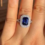 Picture of Luxurious Double Halo Split Shank Blue Sapphire Emerald Cut Engagement Ring In Sterling Silver