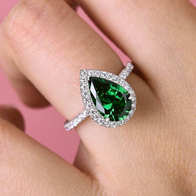 Picture of 2.2 Carat Emerald Green Sapphire Halo Pear Cut Engagement Ring In Sterling Silver