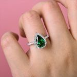 Picture of 2.2 Carat Emerald Green Sapphire Halo Pear Cut Engagement Ring In Sterling Silver