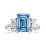 Picture of Luxurious Emerald Cut Three Stone Aquamarine Blue Engagement Ring In Sterling Silver