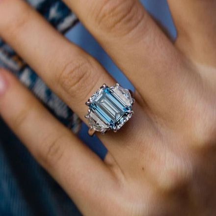 Picture of Gorgeous Emerald Cut Light Aquamarine Blue Three Stone Engagement Ring In Sterling Silver