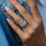 Picture of Gorgeous Emerald Cut Light Aquamarine Blue Three Stone Engagement Ring In Sterling Silver