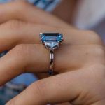 Picture of Gorgeous Emerald Cut Light Aquamarine Blue Three Stone Engagement Ring In Sterling Silver