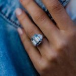 Picture of Gorgeous Emerald Cut Light Aquamarine Blue Three Stone Engagement Ring In Sterling Silver