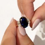 Picture of Yellow Gold 3.5 Carat Blue Sapphire Oval Cut Three Stone Engagement Ring In Sterling Silver