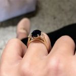 Picture of Yellow Gold 3.5 Carat Blue Sapphire Oval Cut Three Stone Engagement Ring In Sterling Silver