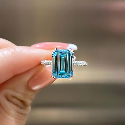 Picture of Exclusive Emerald Cut Light Aquamarine Blue Engagement Ring In Sterling Silver