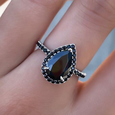 Picture of Unique Pear Cut Halo Black Diamond Engagement Ring In Sterling Silver