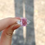 Picture of Elegant Cushion Cut Three Stone Pink Sapphire Engagement Ring In Sterling Silver