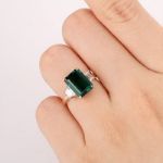 Picture of Yellow Gold Emerald Green & White Sapphire Emerald Cut Three Stone Engagement Ring In Sterling Silver