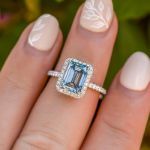 Picture of Halo Emerald Cut Light Aquamarine Blue Engagement Ring In Sterling Silver