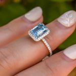 Picture of Halo Emerald Cut Light Aquamarine Blue Engagement Ring In Sterling Silver