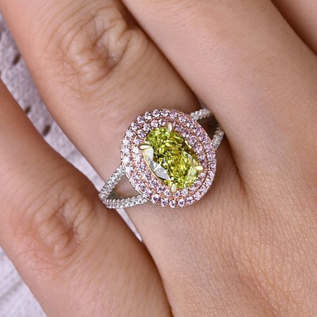 Picture of Gorgeous Double Halo Oval Cut Apple Green Engagement Ring In Sterling Silver