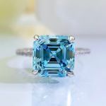 Picture of Stunning Hidden Halo Asscher Cut Light Aquamarine Blue Engagement Ring In Sterling Silver