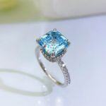 Picture of Stunning Hidden Halo Asscher Cut Light Aquamarine Blue Engagement Ring In Sterling Silver