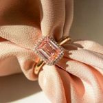 Picture of Exclusive Rose Gold Halo Emerald Cut Padparadscha Engagement Ring In Sterling Silver