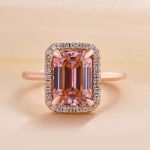 Picture of Exclusive Rose Gold Halo Emerald Cut Padparadscha Engagement Ring In Sterling Silver