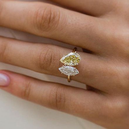 Picture of Unique Yellow Gold Double Stones Design Pear & Marquise Cut Engagement Ring In Sterling Silver