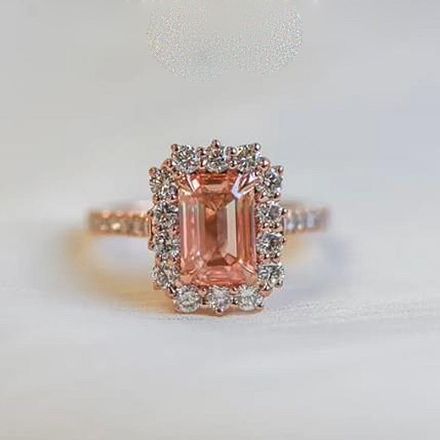 Picture of Elegant Rose Gold Halo Emerald Cut Padparadscha Engagement Ring In Sterling Silver