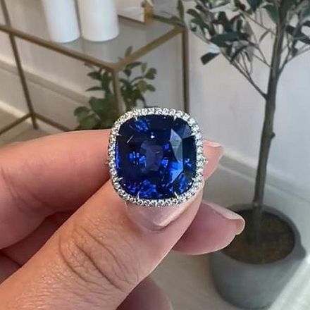 Picture of Luxurious Halo Blue Sapphire Cushion Cut Engagement Ring In Sterling Silver