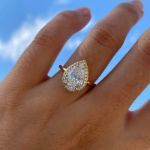 Picture of Yellow Gold Halo Pear Cut Solitaire Engagement Ring For Women In Sterling Silver