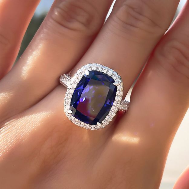 Picture of Gorgeous Halo Cushion Cut Blue Sapphire Engagement Ring In Sterling Silver