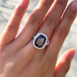 Picture of Gorgeous Halo Cushion Cut Blue Sapphire Engagement Ring In Sterling Silver