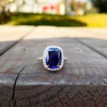 Picture of Gorgeous Halo Cushion Cut Blue Sapphire Engagement Ring In Sterling Silver