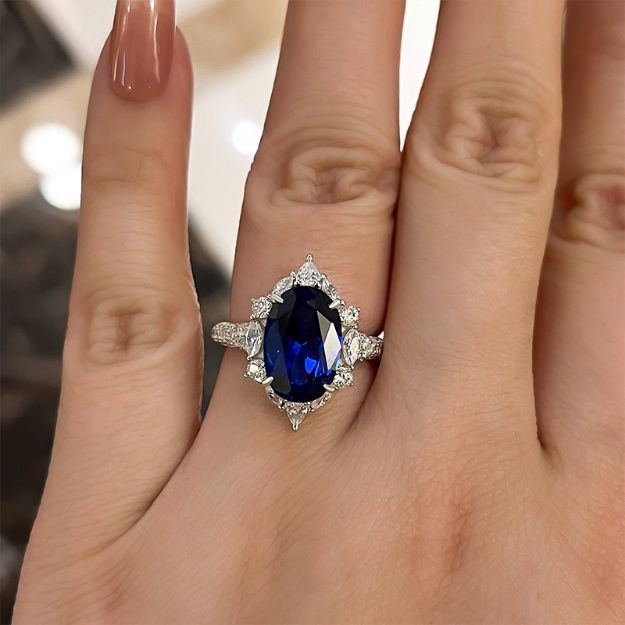 Picture of Gorgeous Halo Split Shank Oval Cut Blue Sapphire Engagement Ring In Sterling Silver