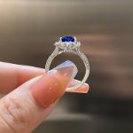 Picture of Gorgeous Halo Split Shank Oval Cut Blue Sapphire Engagement Ring In Sterling Silver