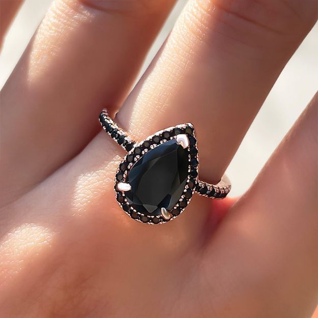 Picture of Unique Rose Gold Pear Cut Halo Black Diamond Engagement Ring In Sterling Silver