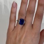 Picture of Luxurious Blue Sapphire Emerald Cut Three Stone Engagement Ring In Sterling Silver