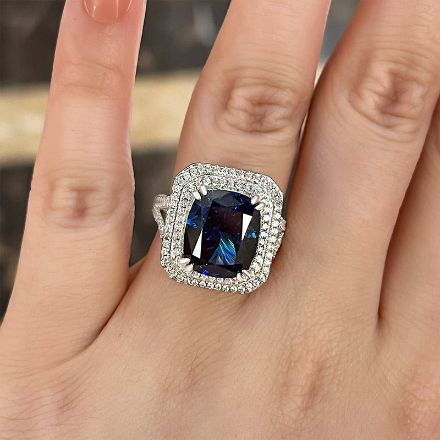 Picture of Luxurious Double Halo Blue Sapphire Cushion Cut Engagement Ring In Sterling Silver