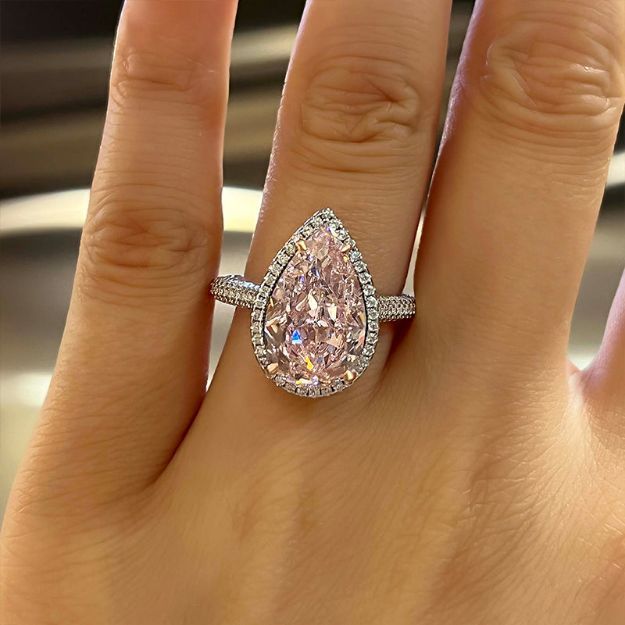 Picture of Halo Pear Cut Moissanite Diamonds Pink Sapphire Engagement Ring In Sterling Silver