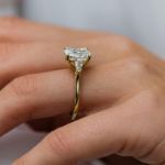 Picture of Exquisite Yellow Gold Cushion Cut Three Stone Engagement Ring In Sterling Silver