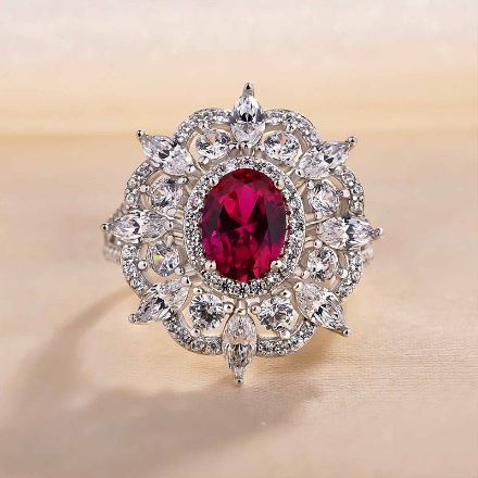 Picture of Exclusive Flower Shape 1.0 Carat Oval Cut Ruby Engagement Ring In White Gold