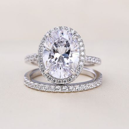 Picture of Classic Halo Oval Cut Moissanite Diamond Wedding Ring Sets In Sterling Silver
