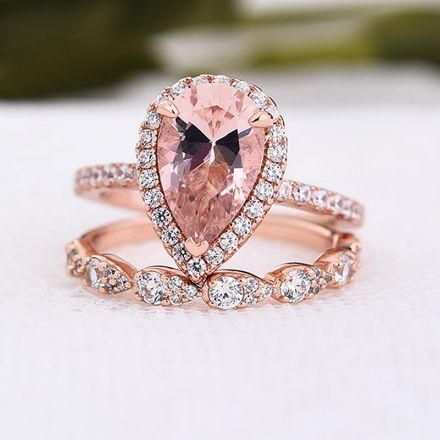 Picture of Rose Gold Halo 3.0 Carat Pear Cut Peachy Pink Stone Wedding Set For Women