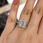 Picture of Classic Halo Emerald Cut Engagement Ring for Her In White Gold