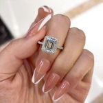 Picture of Classic Halo Emerald Cut Engagement Ring for Her In White Gold