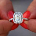 Picture of Classic Halo Emerald Cut Engagement Ring for Her In White Gold