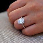 Picture of Classic Halo Emerald Cut Engagement Ring for Her In White Gold