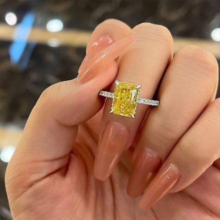 Picture of 3.3 Carat Moissanite Diamond Yellow Sapphire Radiant Cut Engagement Ring In Sterling Silver