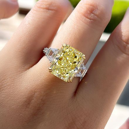 Picture of Exclusive Radiant Cut Yellow Sapphire Three Stone Engagement Ring In Sterling Silver