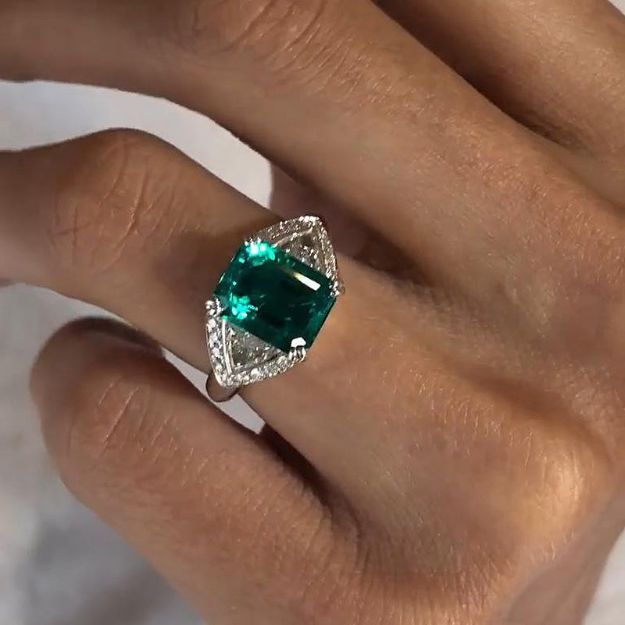 Picture of Unique Radiant Cut Three Stone Emerald Green Engagement Ring In Sterling Silver