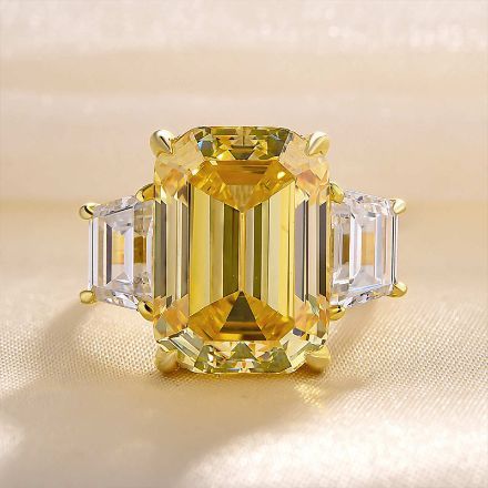 Picture of Luxurious Emerald Cut Three Stone Yellow Sapphire Engagement Ring In Sterling Silver